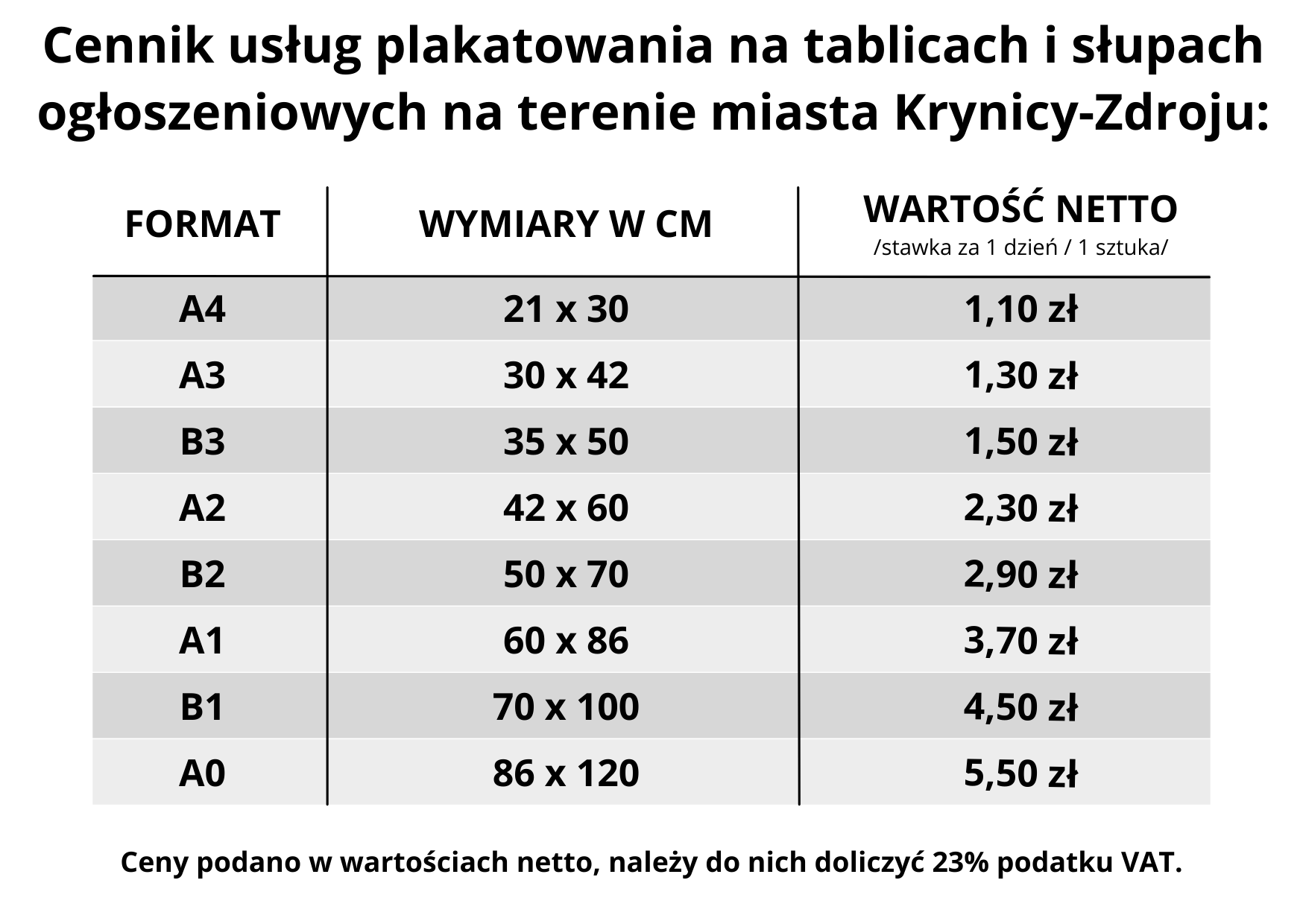 Cennik usług plakatowania na tablicach i słupach ogłoszeniowych na terenie miasta Krynicy-Zdroju